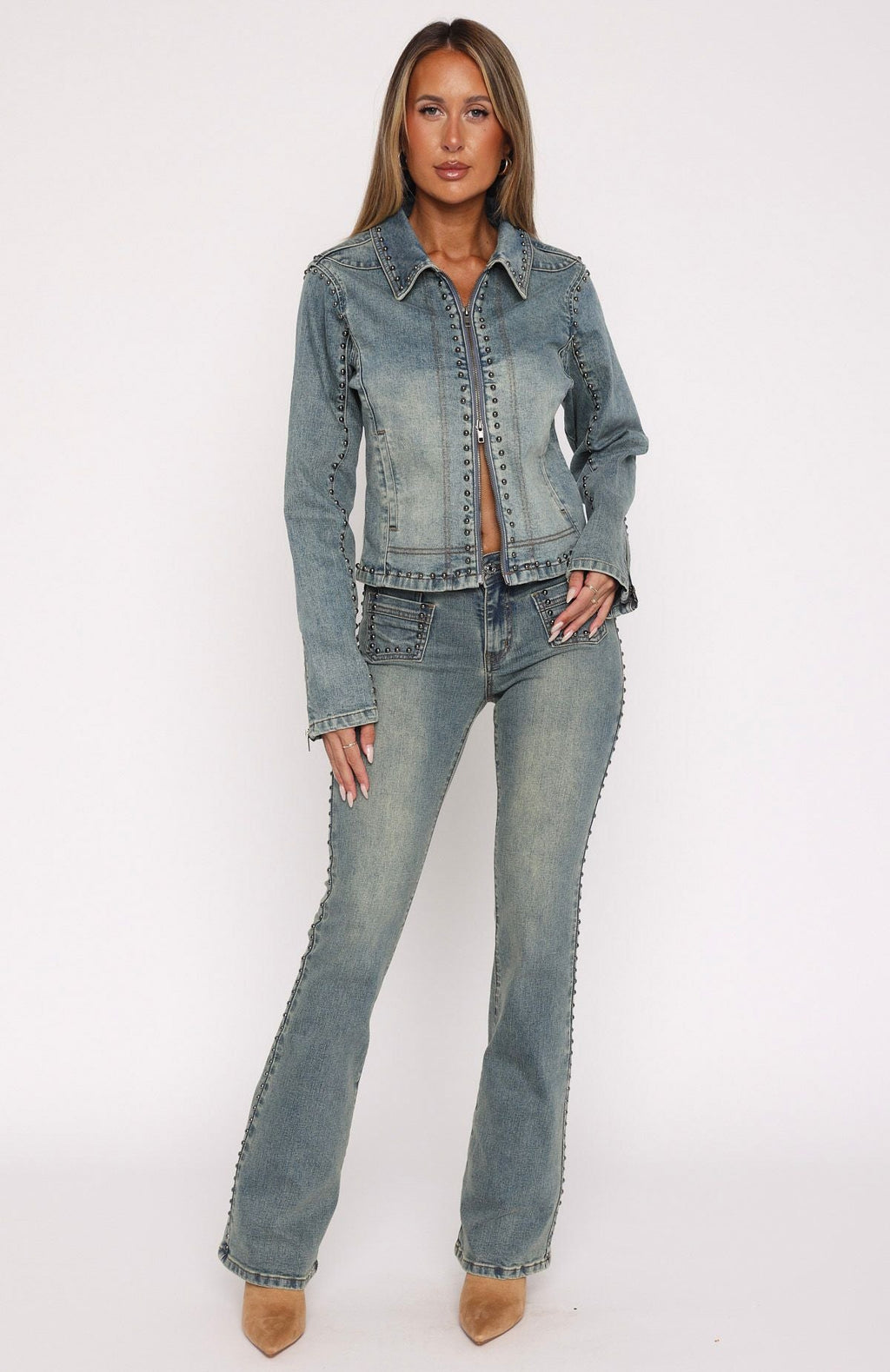 Blake Low Rise Studded Flare Jeans Brown Blue