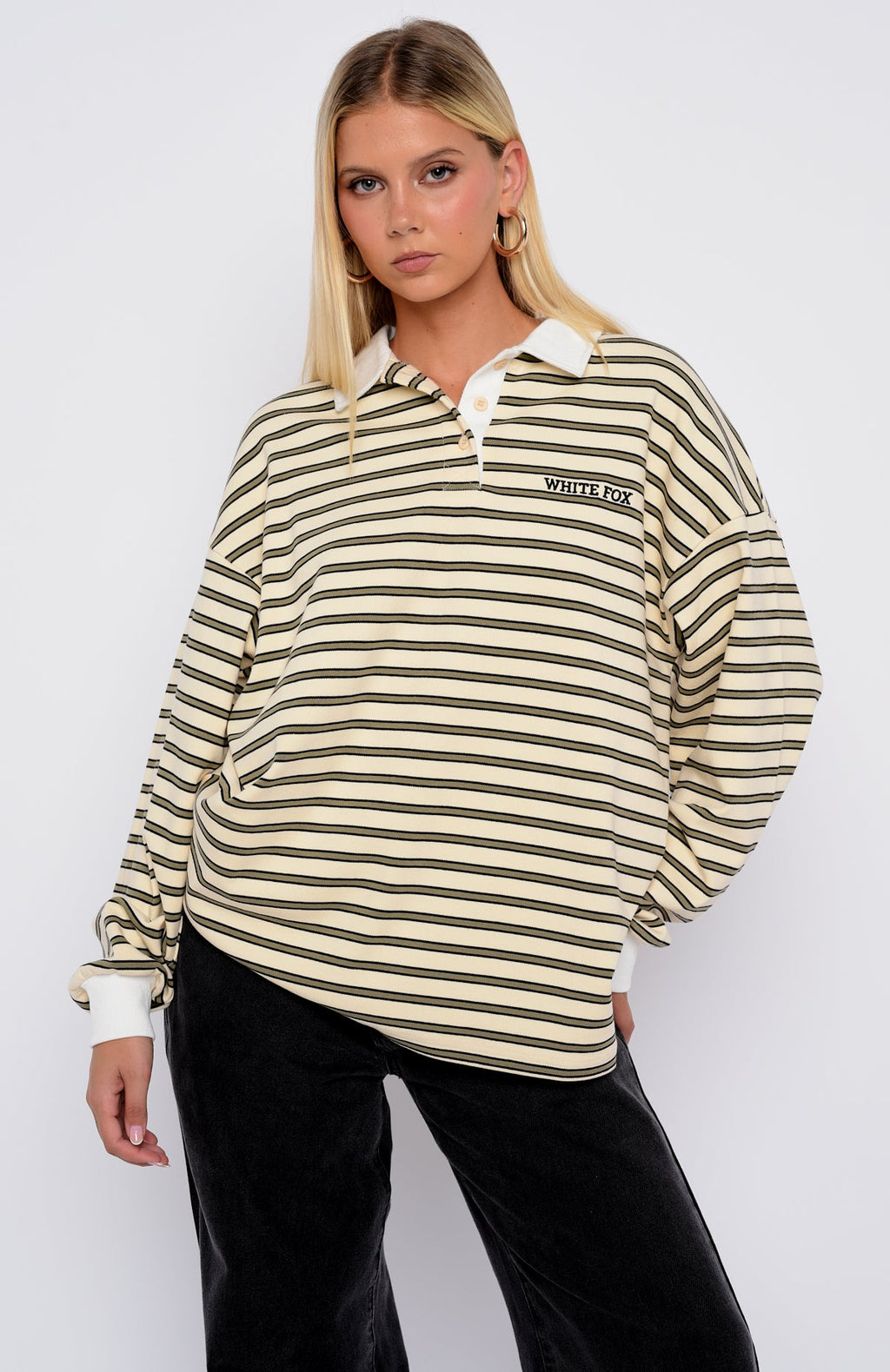 Out Again Long Sleeve Rugby Shirt Cream/Olive Stripe