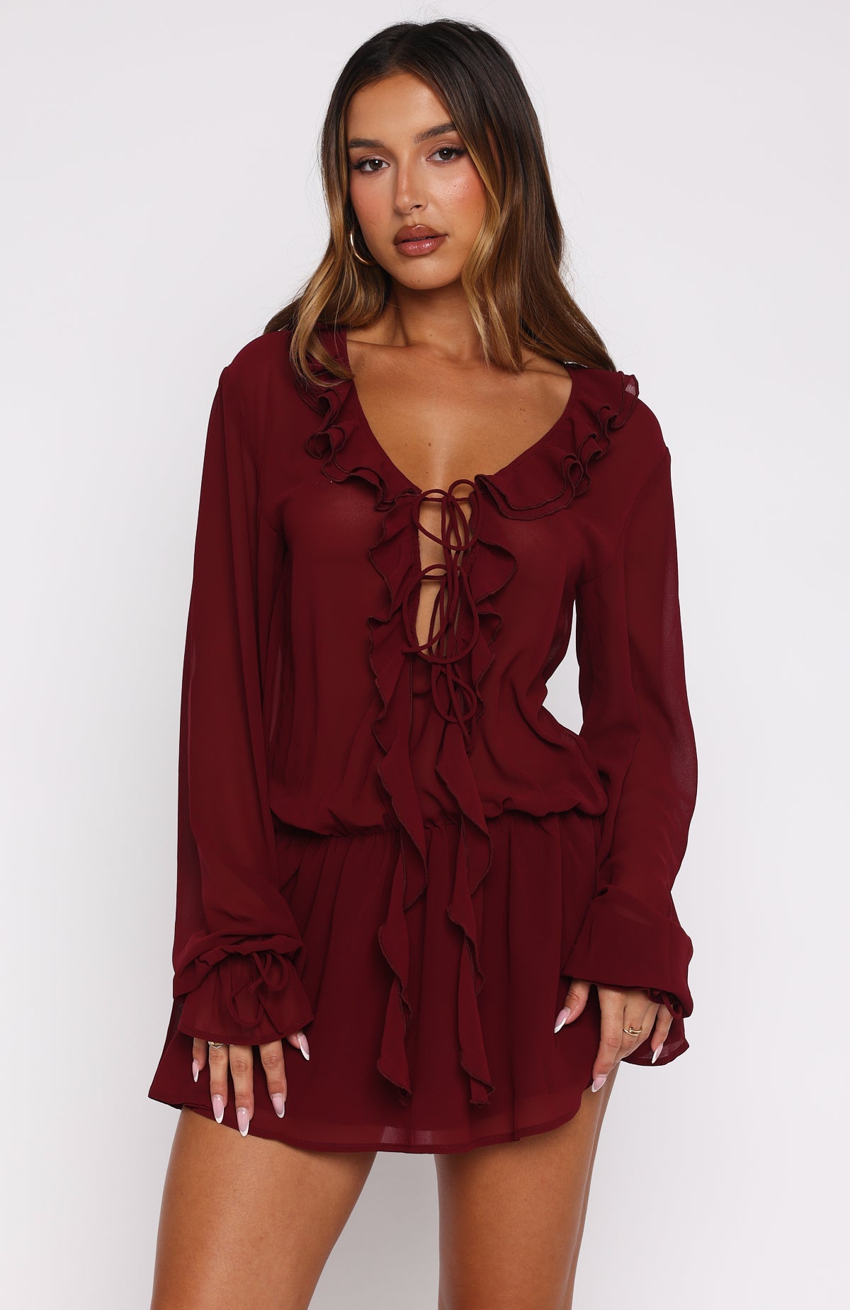 Eternal Energy Long Sleeve Mini Dress Burgundy