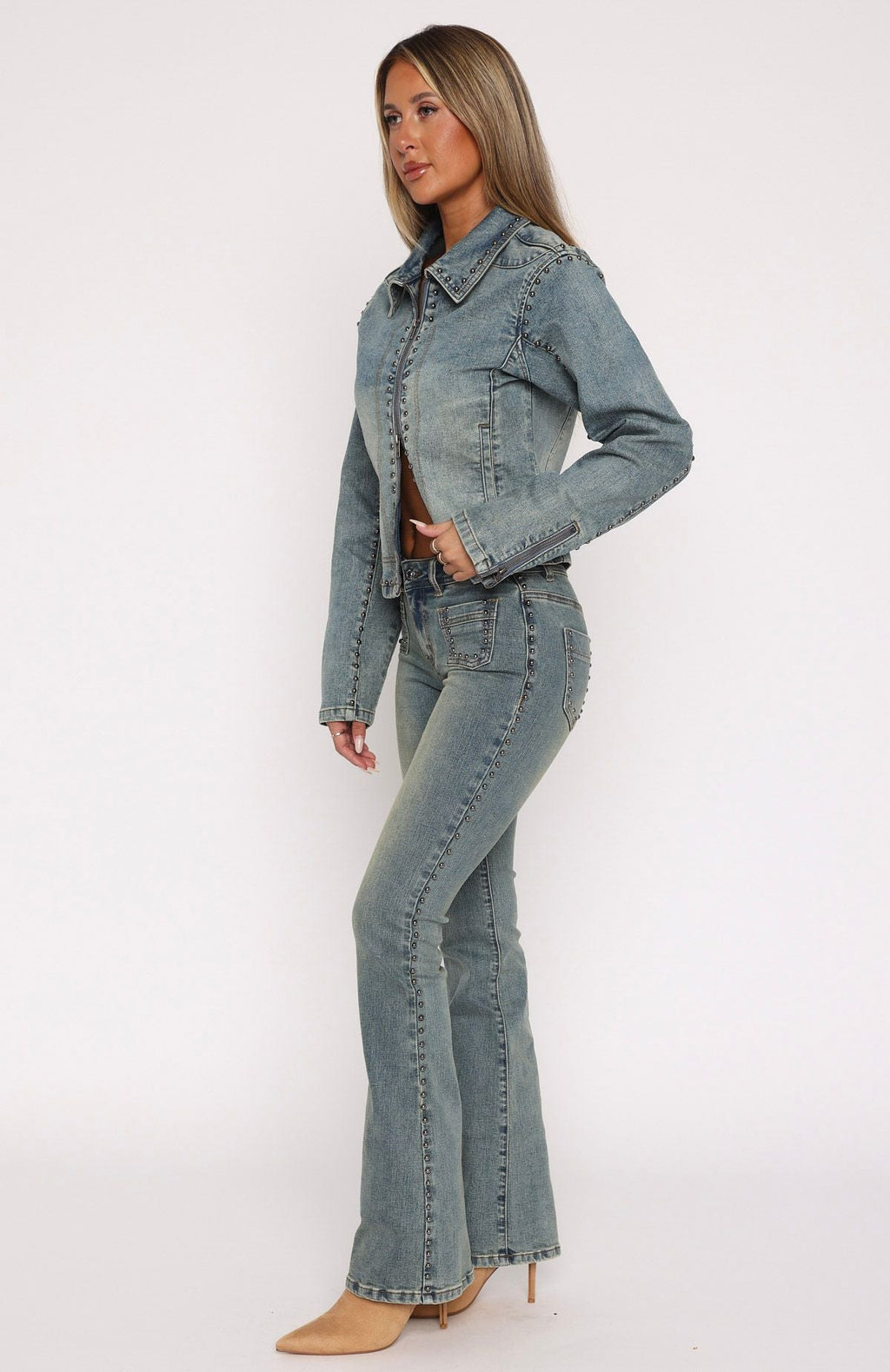 Blake Low Rise Studded Flare Jeans Brown Blue