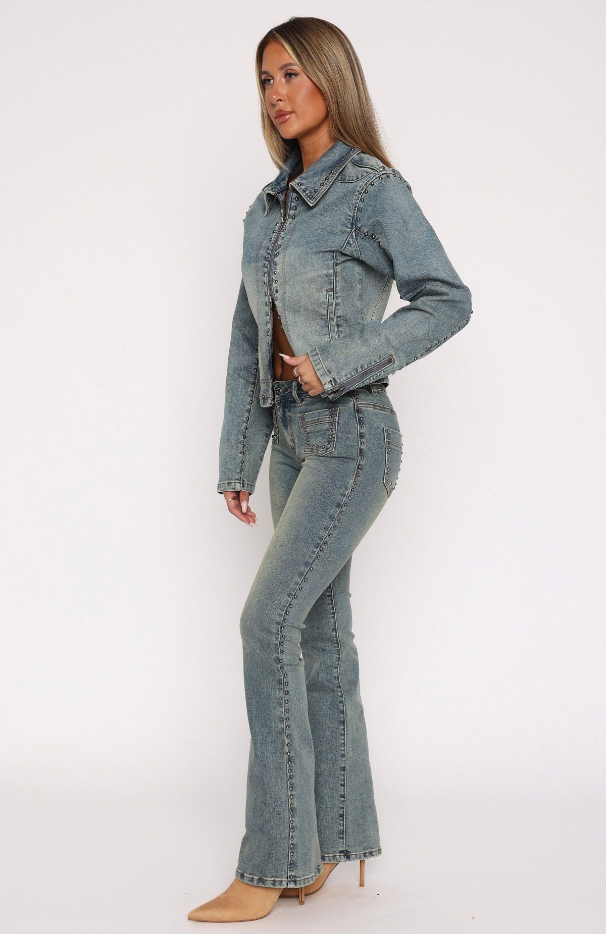 Blake Low Rise Studded Flare Jeans Brown Blue