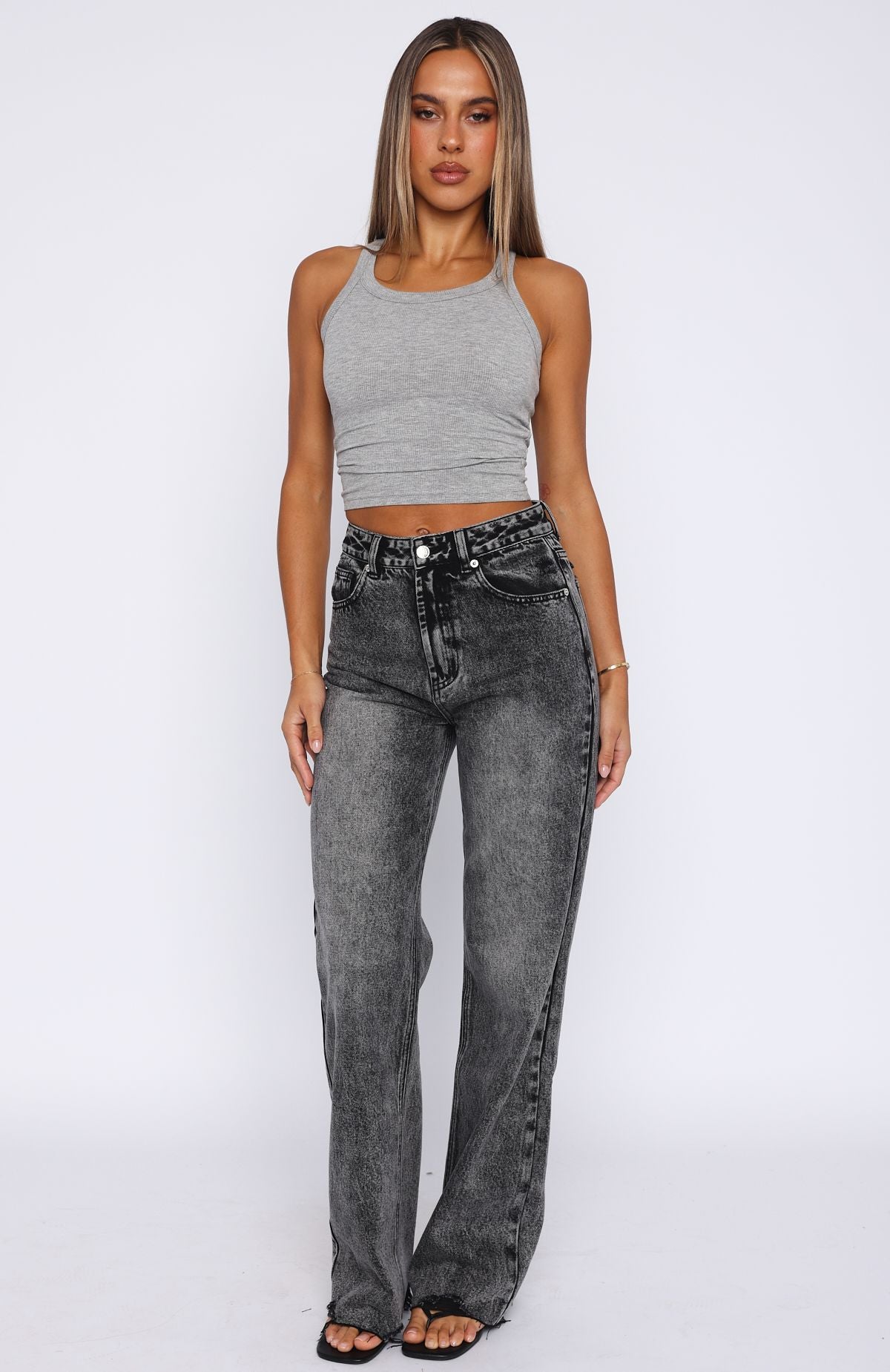 Alana High Waisted Straight Leg Jeans Grey Acid