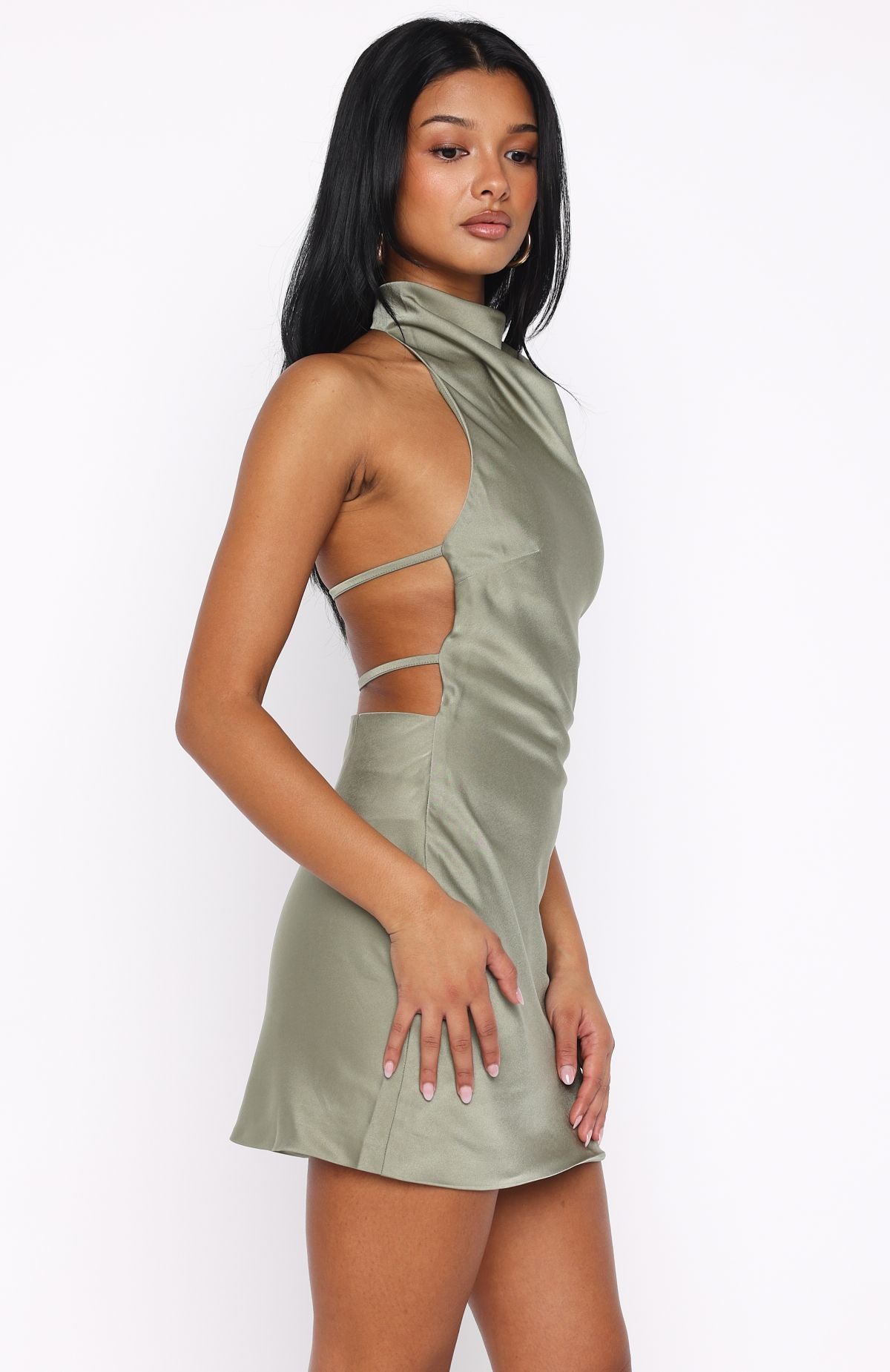 Just Small Talk Halter Mini Dress Khaki