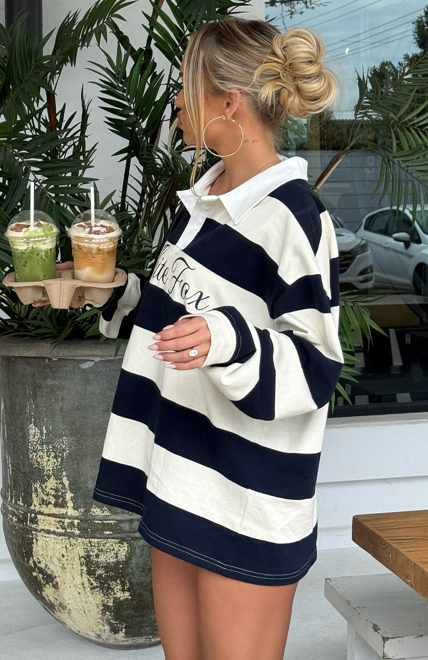 My Reality Striped Long Sleeve Rugby Shirt Navy/Cream Stripe