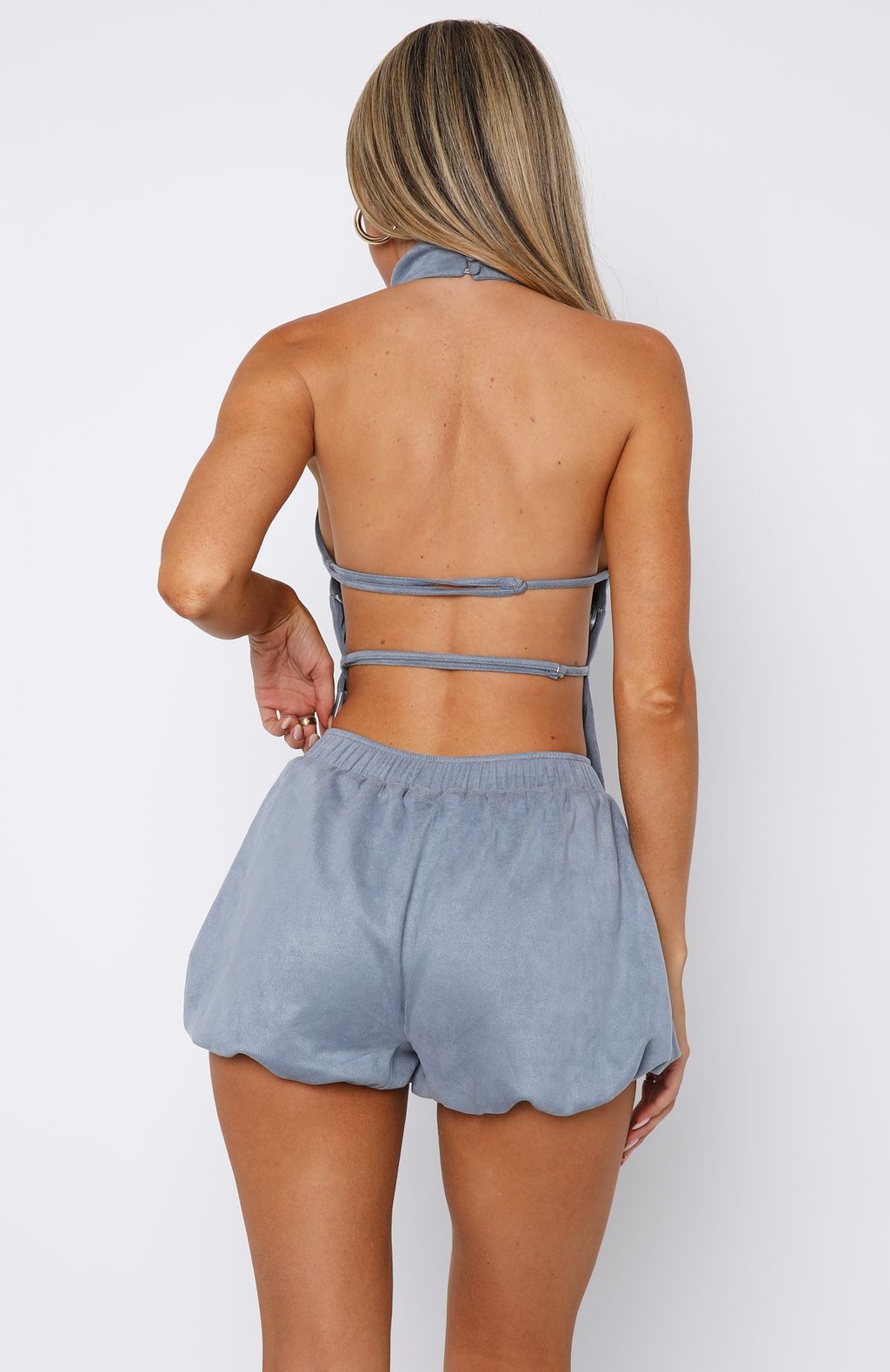 Still Love Me Faux Suede Halter Top Cornflower Blue