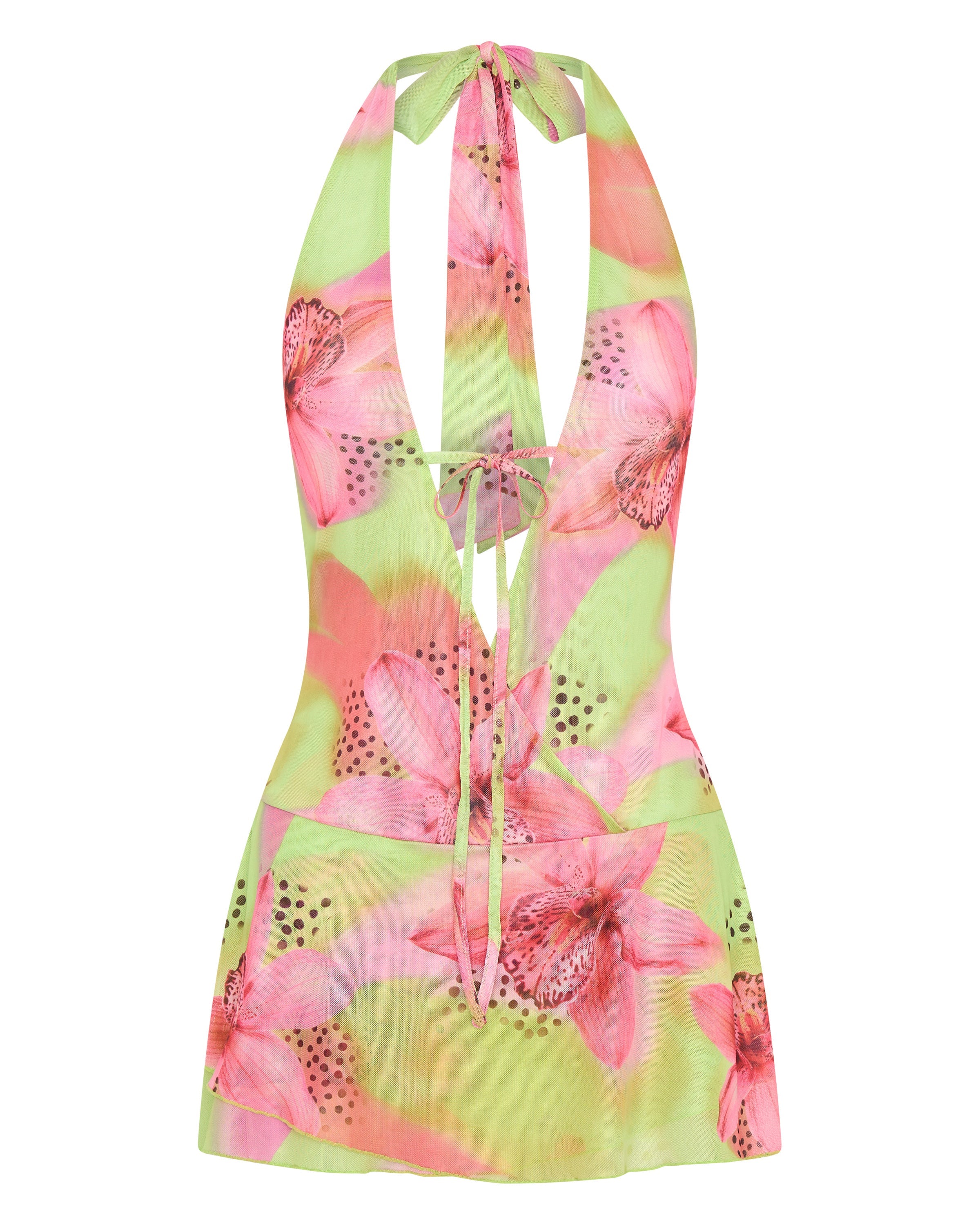 Too Extra Halter Mini Dress Lime Tropics