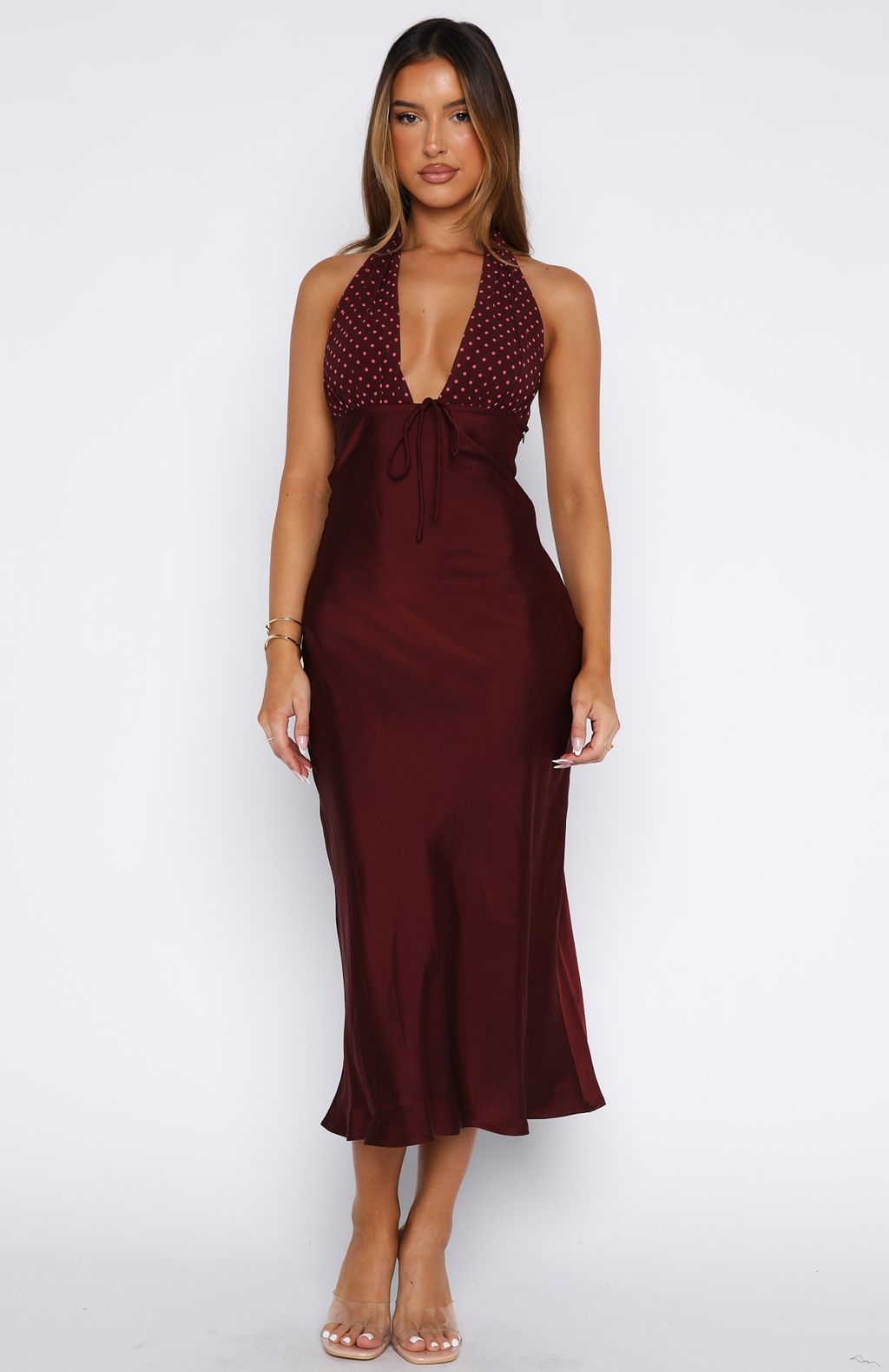 Guess You Miss Me Halter Maxi Dress Burgundy/Pink Dot