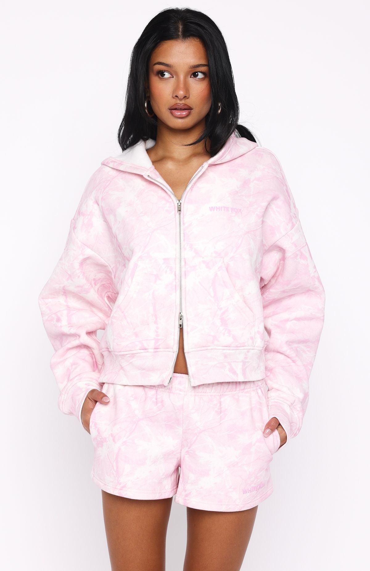 Hiding Away Boxy Zip Front Hoodie Pink Camo