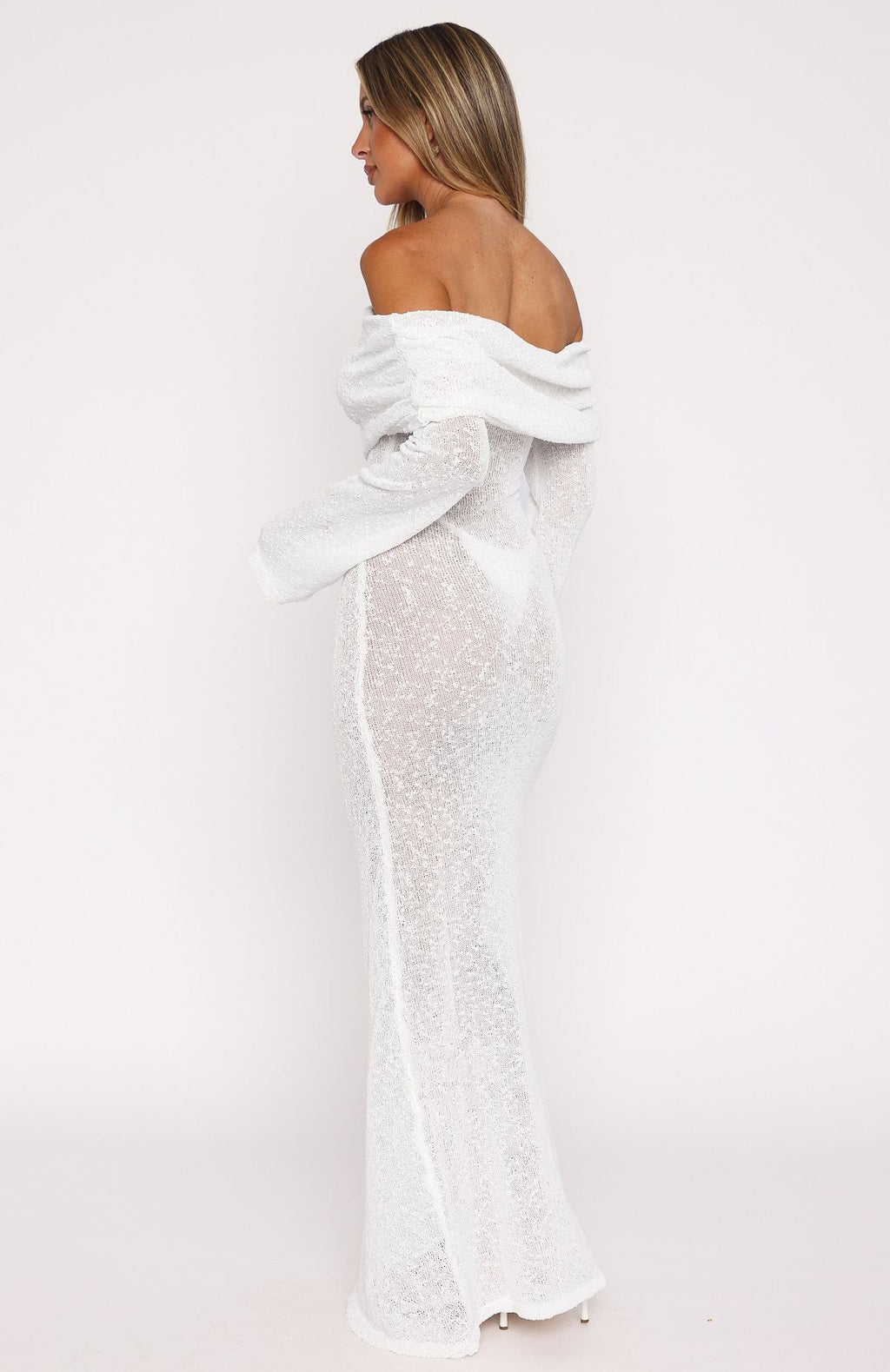 Made It Out Long Sleeve Boucle Maxi Dress White