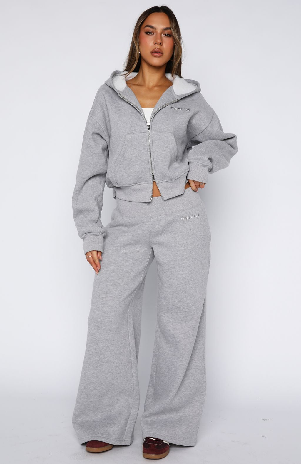 Come A Long Way Boxy Zip Front Hoodie Grey Marle