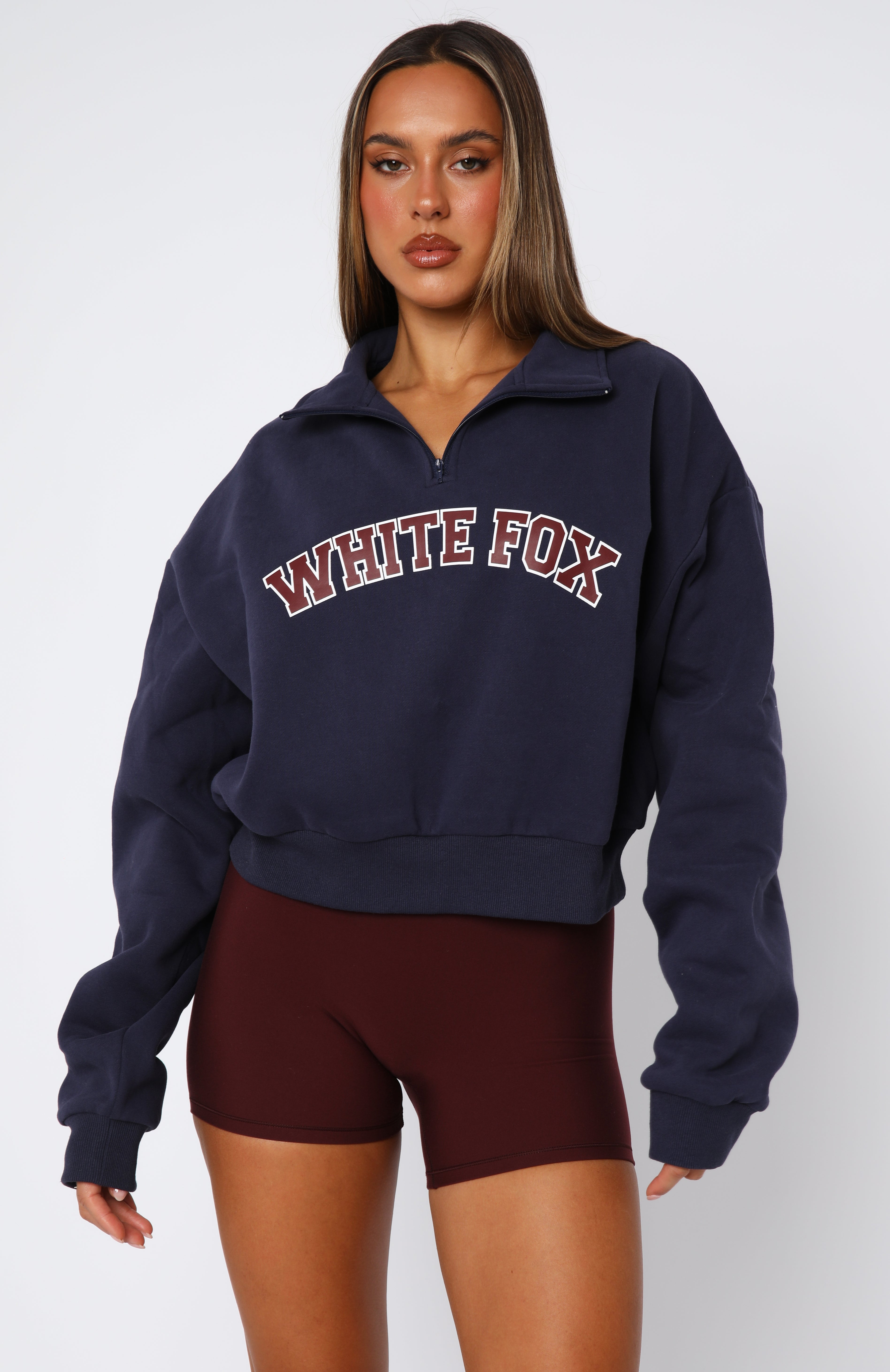 Let The Bells Ring Cropped Quarter Zip Sweater Navy