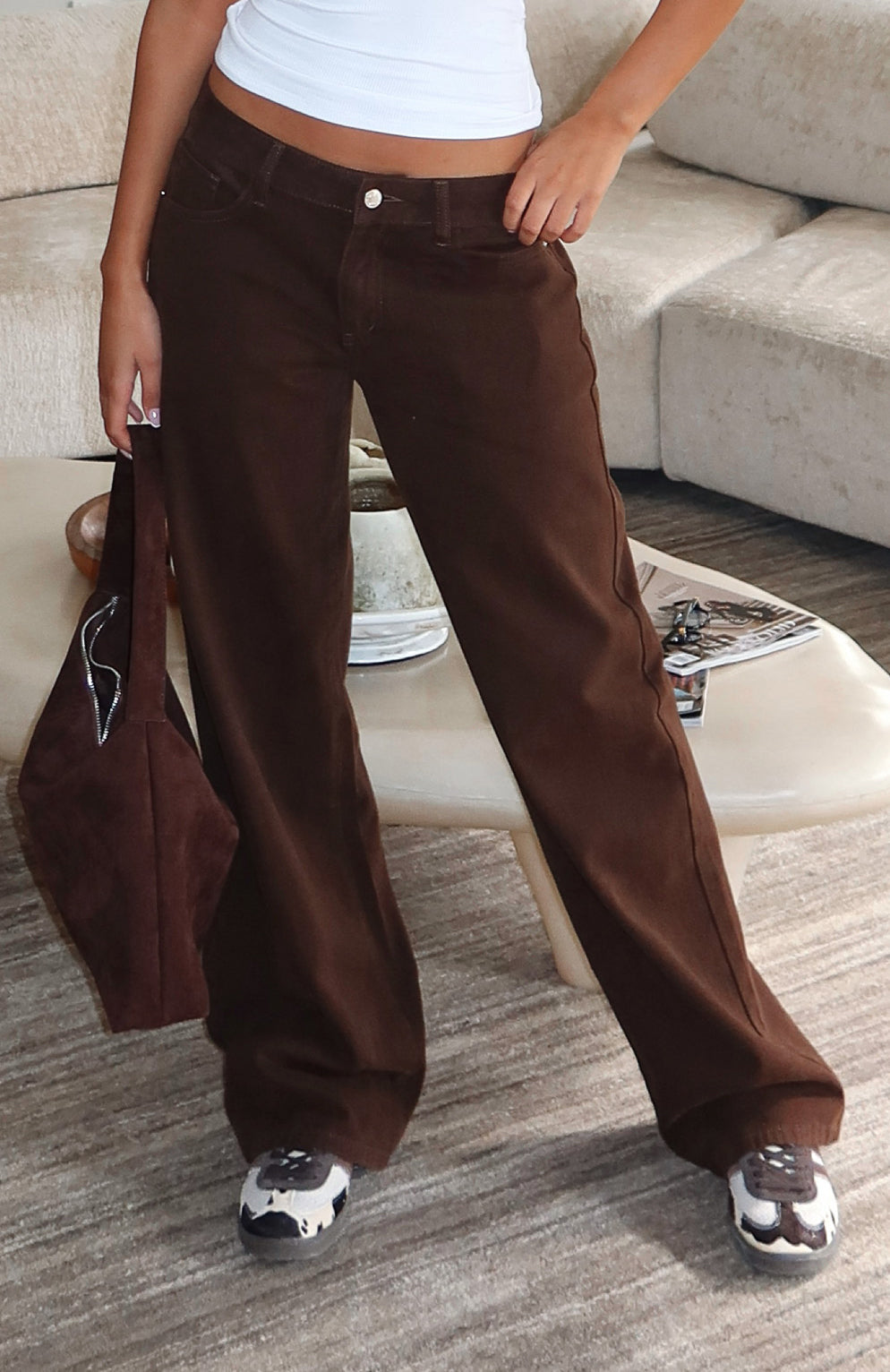 Bring The Style Low Rise Wide Leg Jeans Chocolate Wash