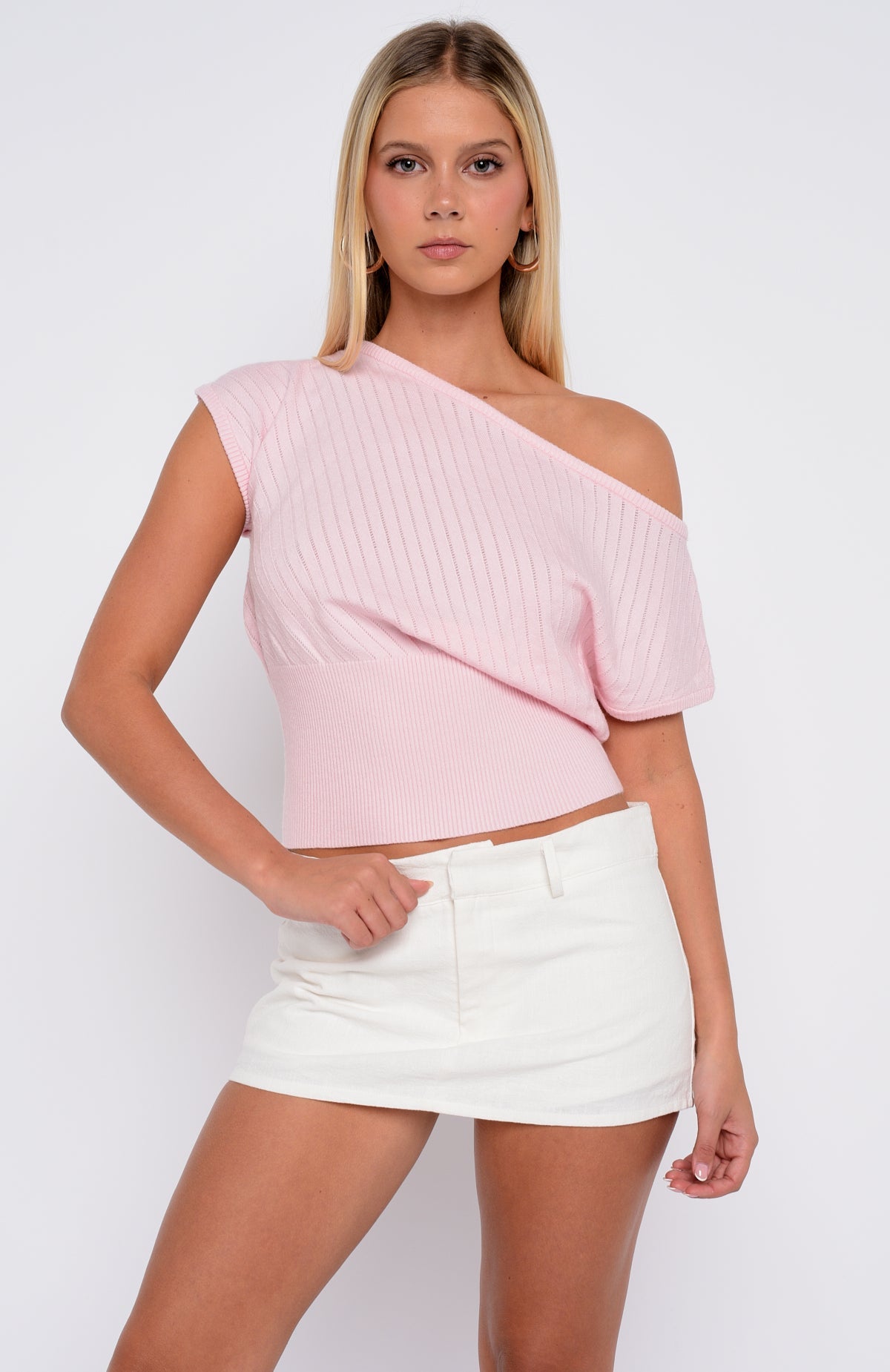 In A Spiral Off Shoulder Knit Top Pink
