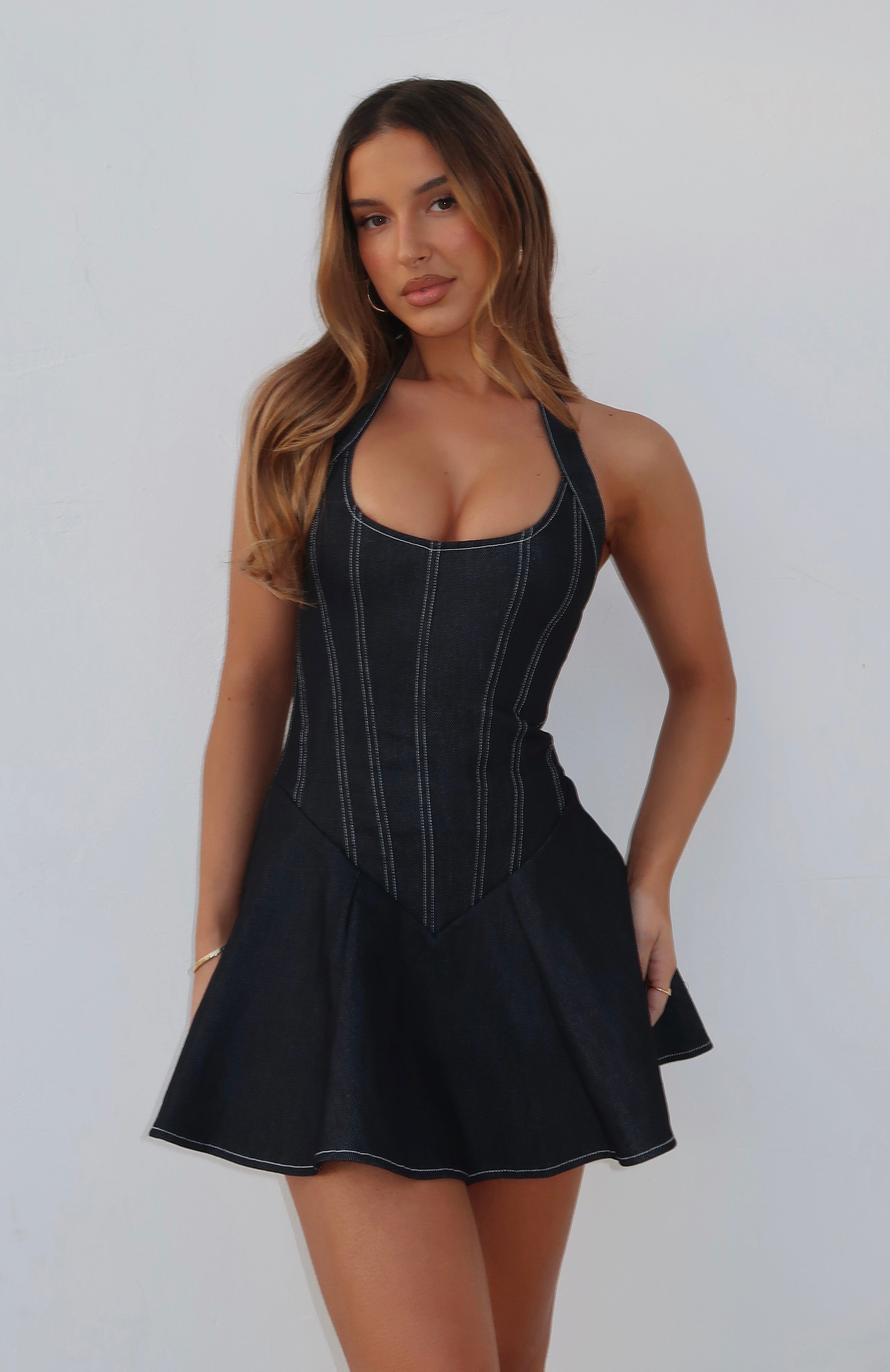 Looking At Me Halter Mini Dress Dark Indigo