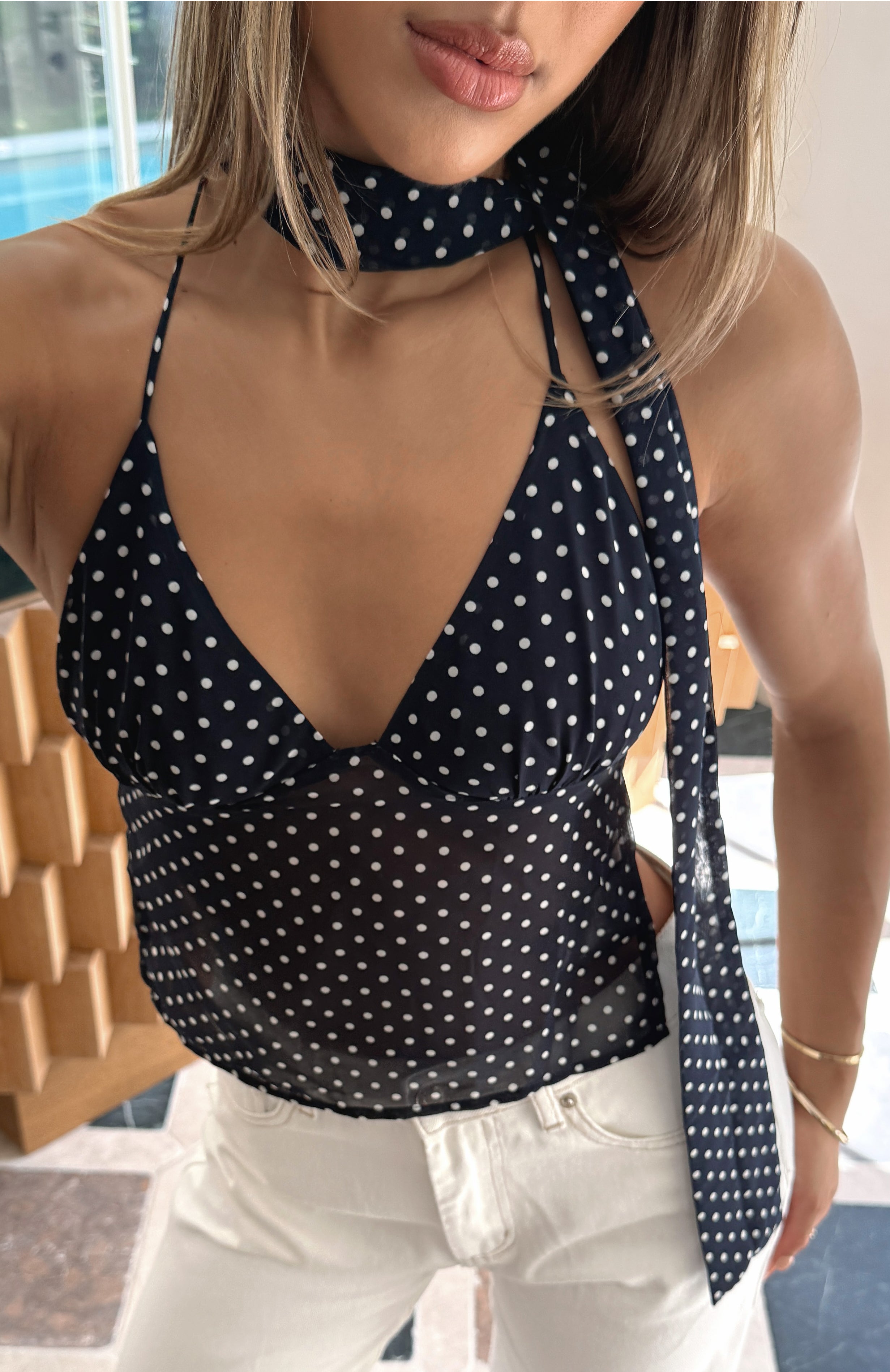 Quick Getaway Top Navy Polka Dot