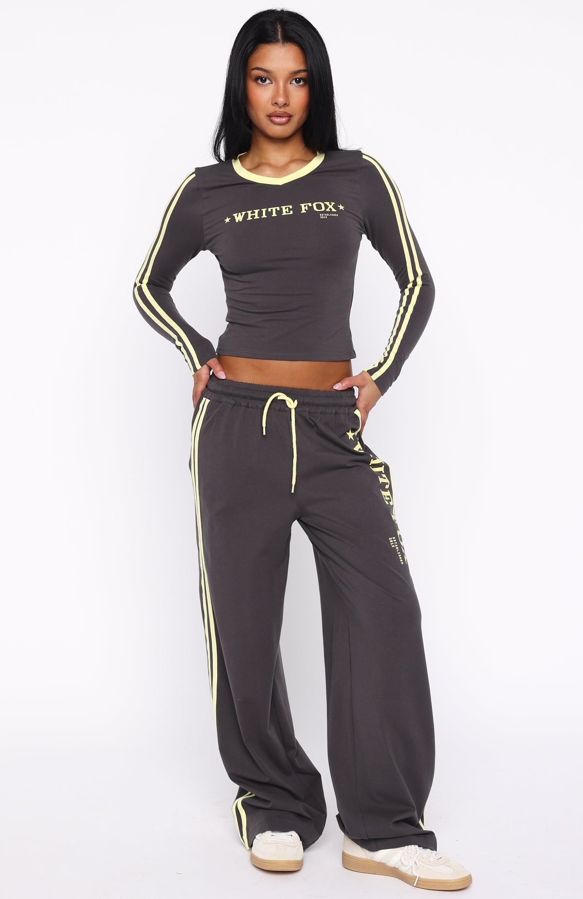 Star Of The Night Long Sleeve V Neck Baby Tee Charcoal