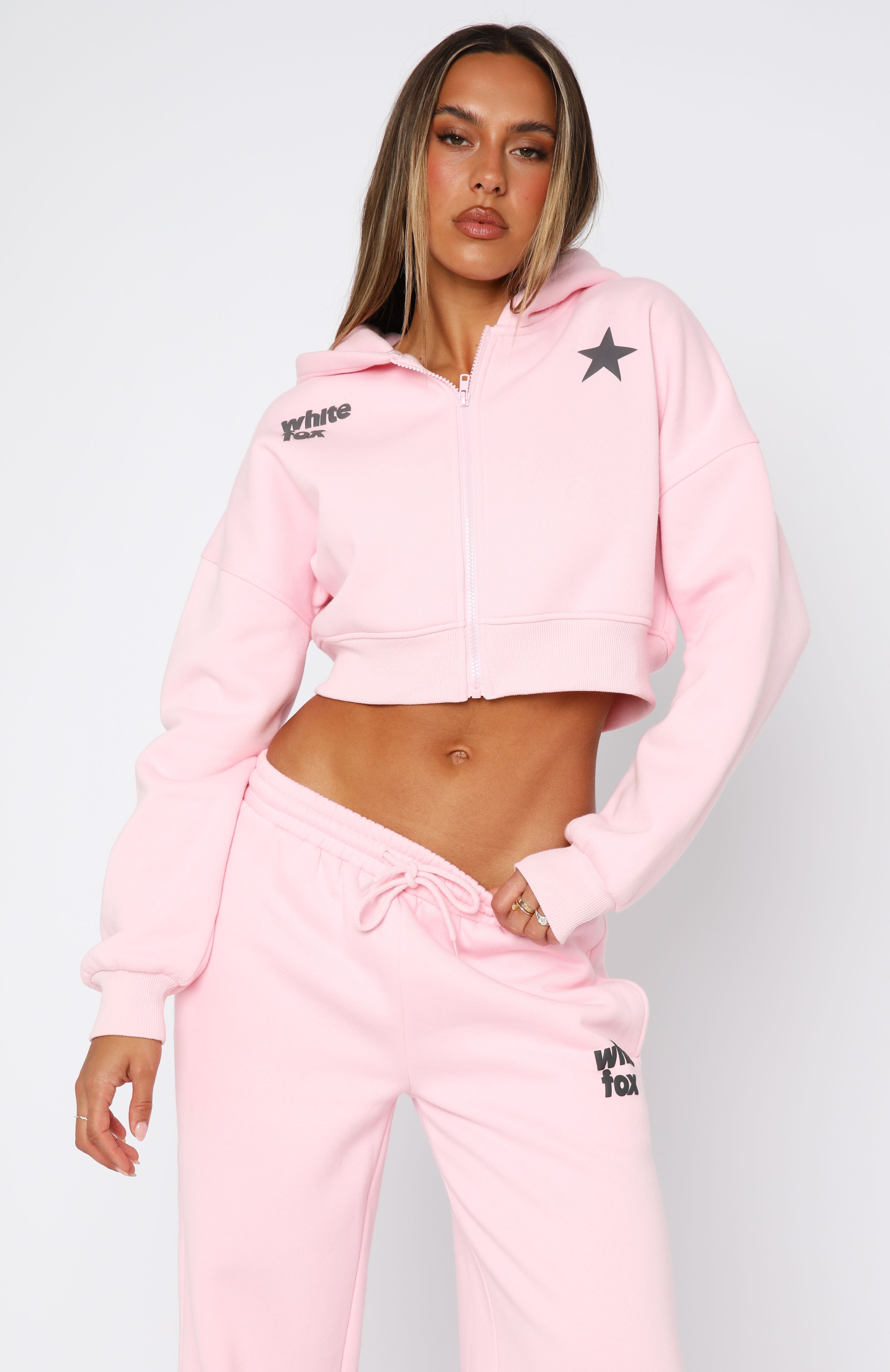 From The Archives Charli Cropped Zip Front Hoodie Pink