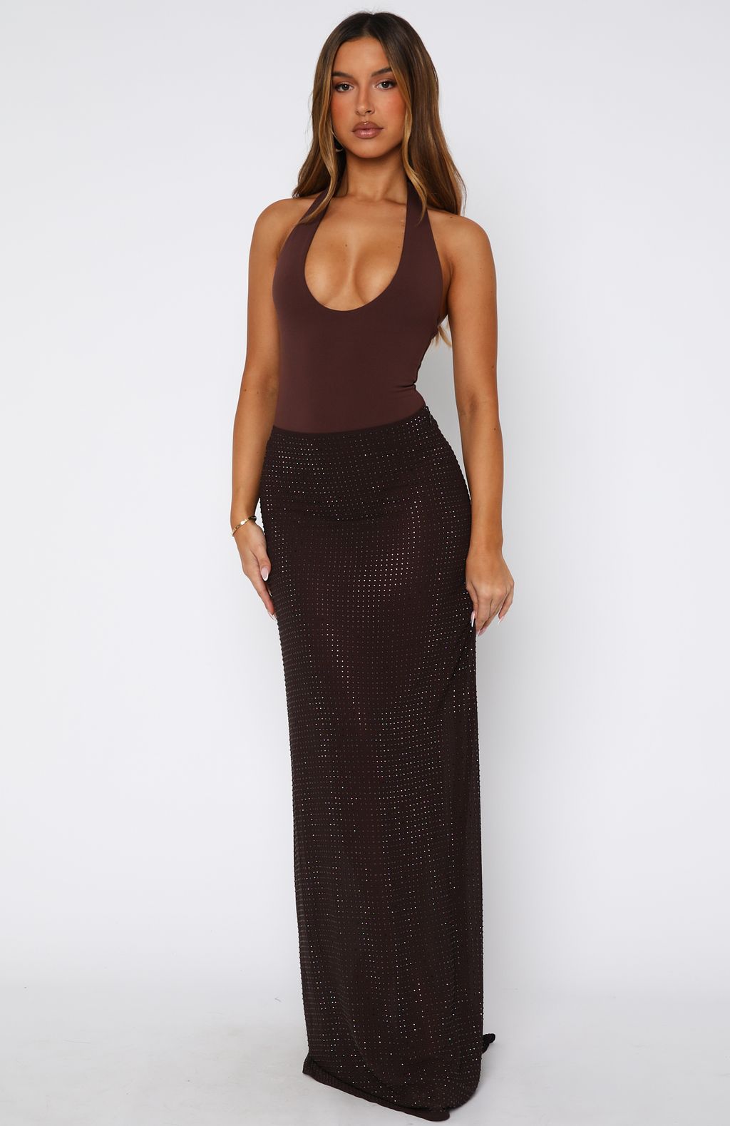 Prism Embellished Maxi Skirt Chocolate