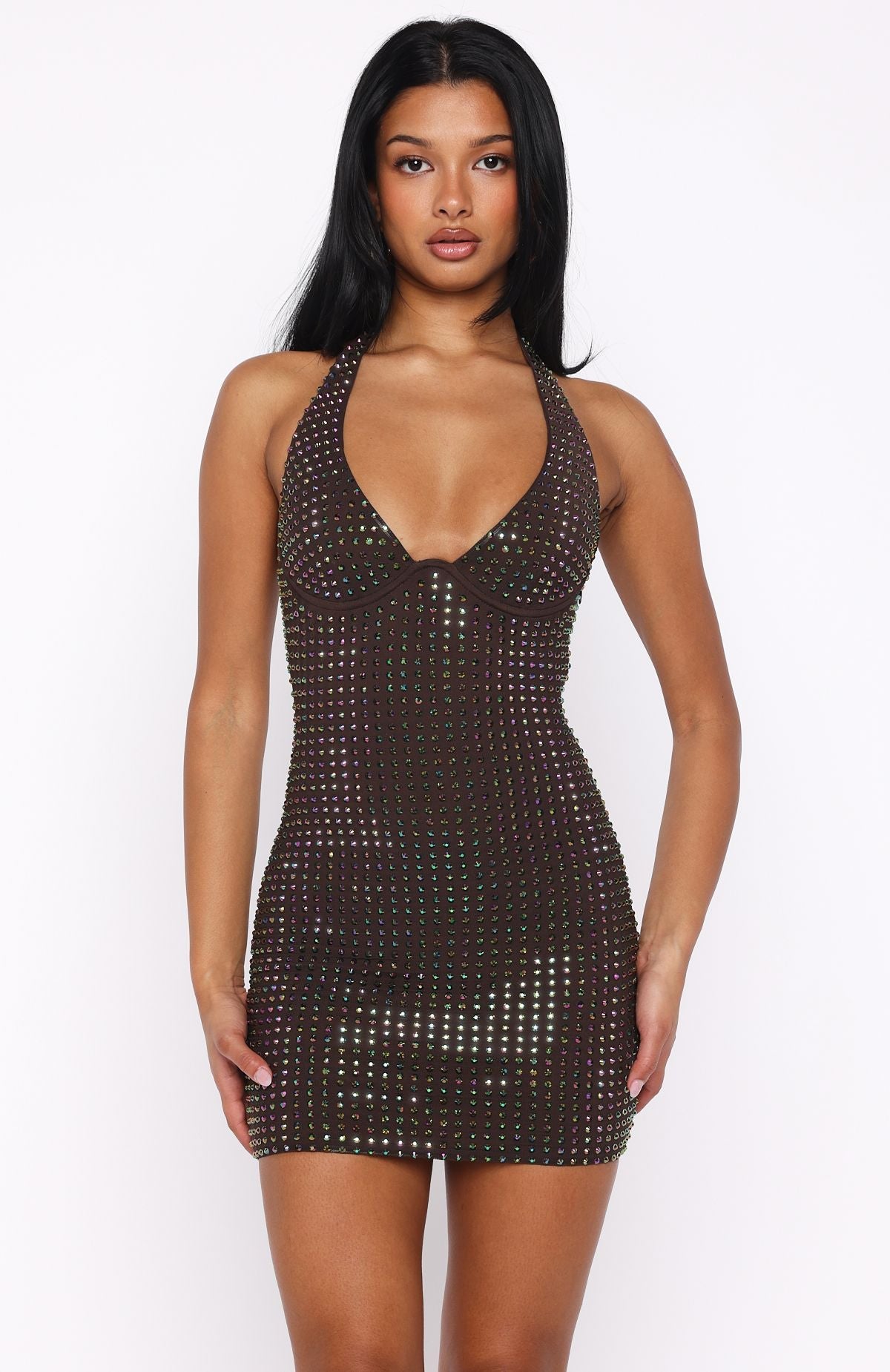 Full Of Love Embellished Mini Dress Chocolate